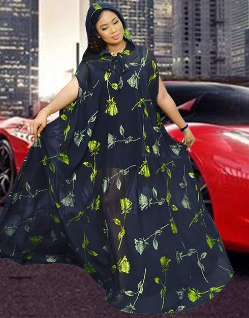 Muslim Sets Dress with Flower Pattern Printing in Dubai Abaya Style